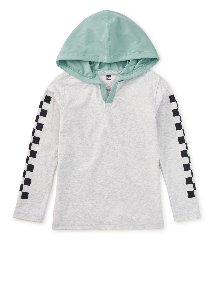 Light gray hoodie with checkered sleeves on a white background