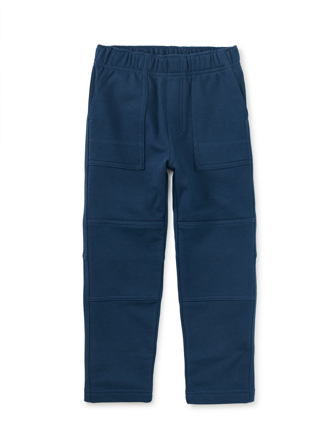 Navy blue pants with multiple pockets on a white background
