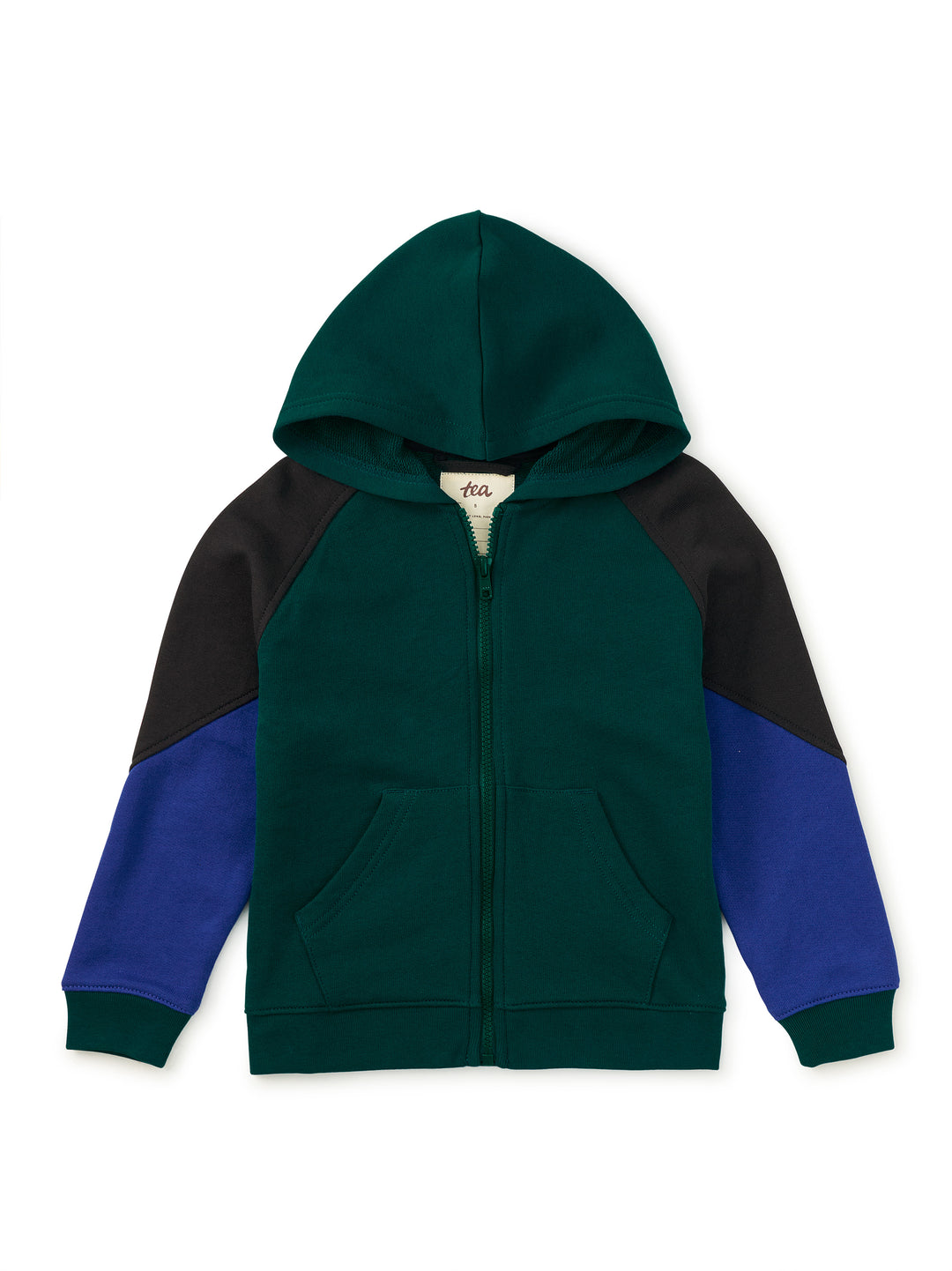 Color-blocked hoodie with green, blue, and navy sections on a white background
