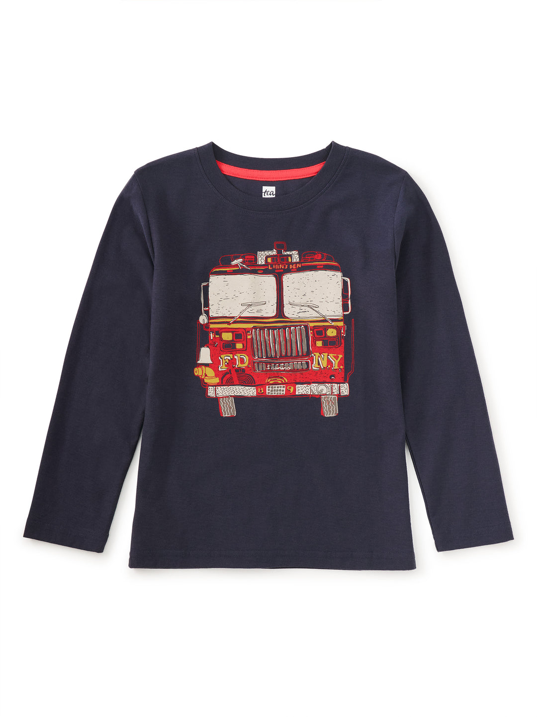 Navy blue long-sleeve shirt with a red fire truck graphic on a white background