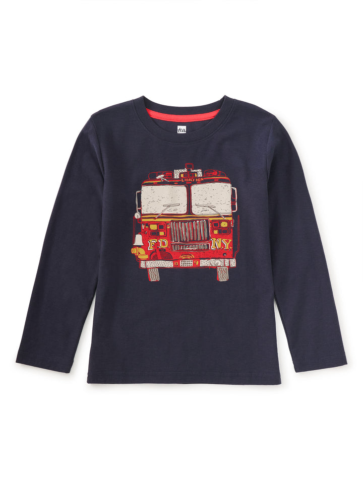 Navy blue long-sleeve shirt with a red fire truck graphic on a white background