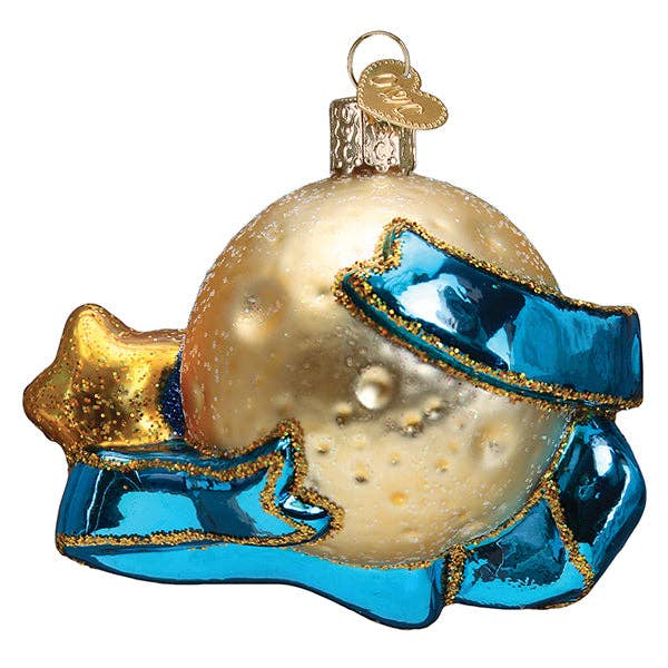 back of a Decorative glass ornament with blue ribbon and gold accents on a white background