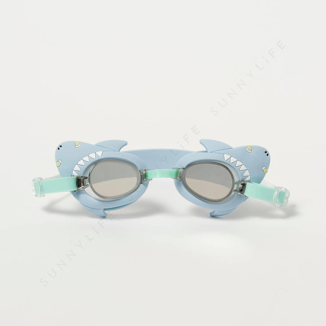 swim goggles with min green strap and blue shark silicones frames around the lenses. 