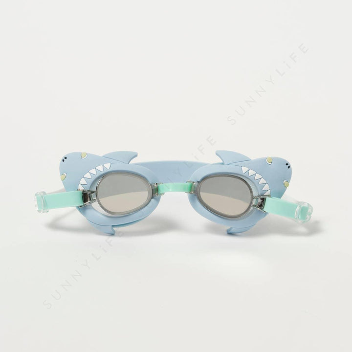 swim goggles with min green strap and blue shark silicones frames around the lenses. 