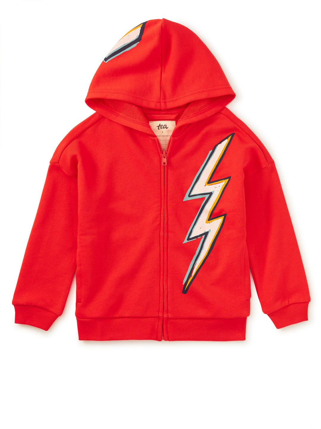 Red hoodie with a lightning bolt design on a white background