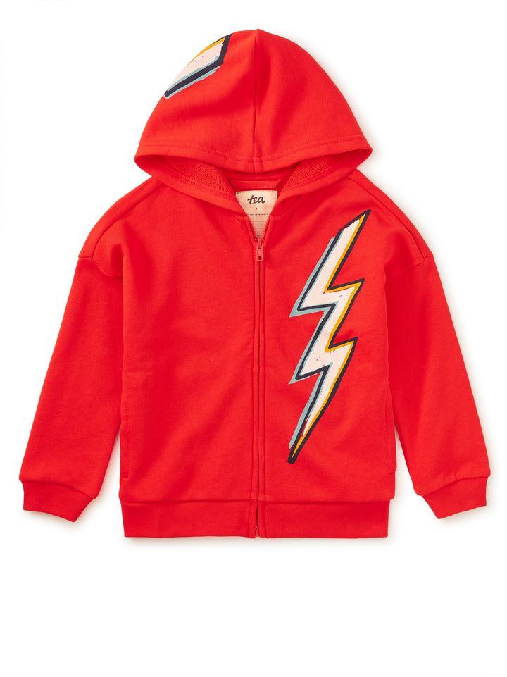 Red hoodie with a lightning bolt design on a white background