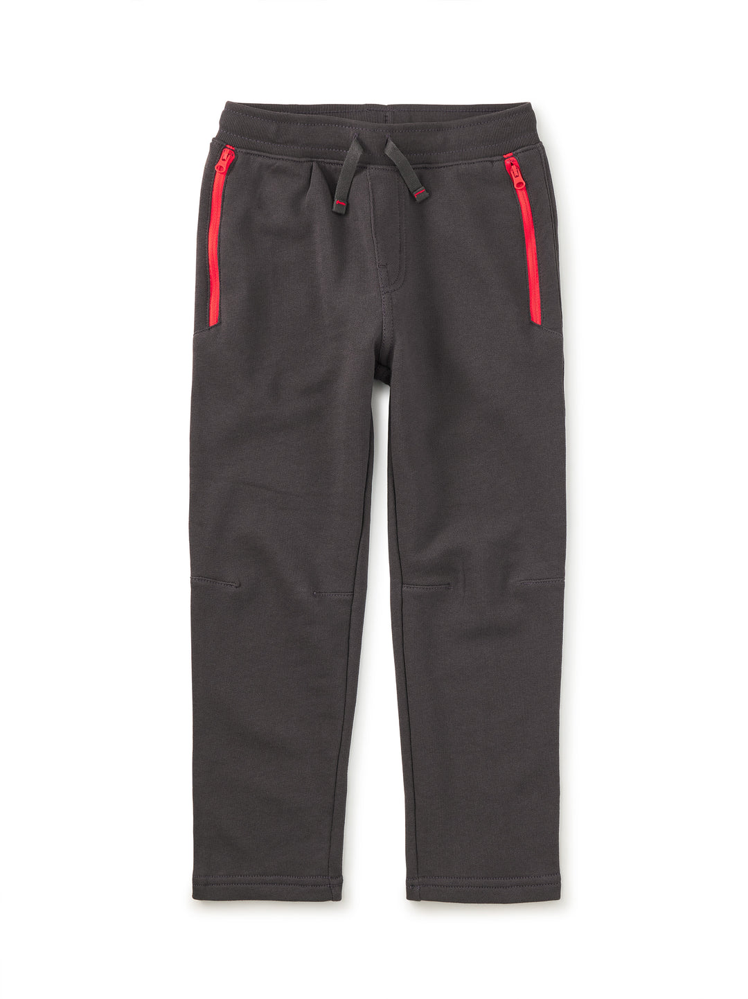 Dark gray sweatpants with red zippers on a white background