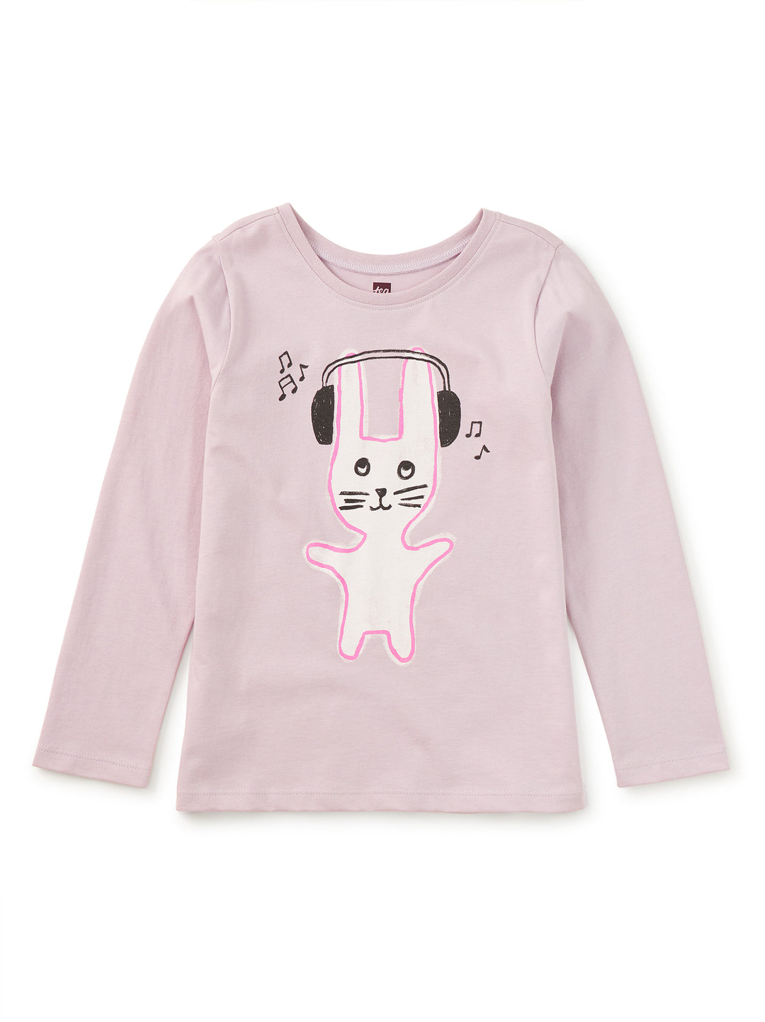 long sleeve lavender shirt with bunny listening to music on the front 