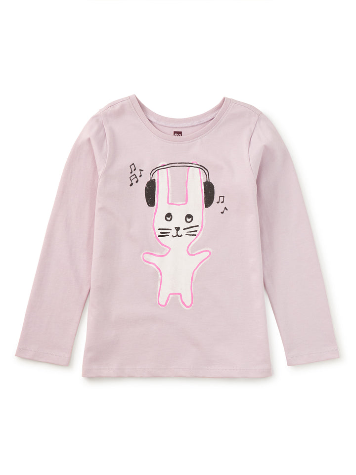 long sleeve lavender shirt with bunny listening to music on the front 