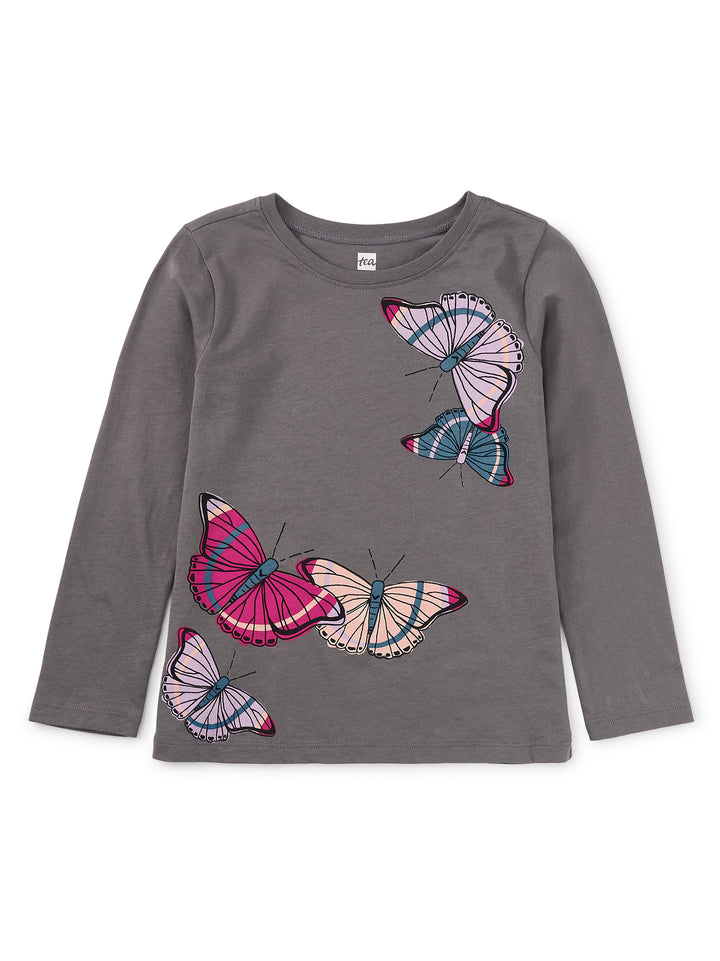 Gray long-sleeve shirt with colorful butterfly designs on a white background