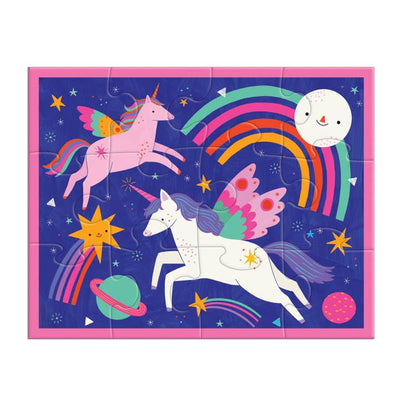 this is what the puzzle looks like with the pouch two unicorns, a rainbow and a shooting star. 