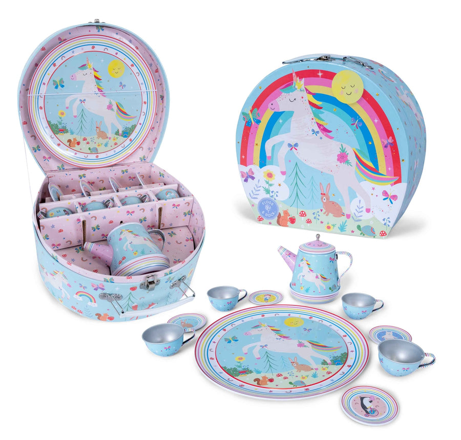 Children's tea set with unicorn design in a suitcase and open case on a white background