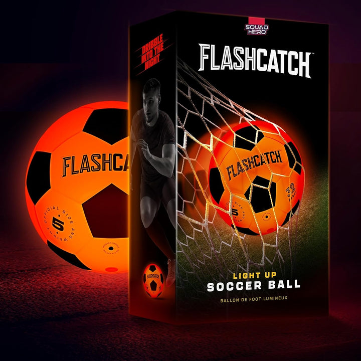 Orange soccer ball with 'Flashcatch' branding next to its packaging on a dark background
