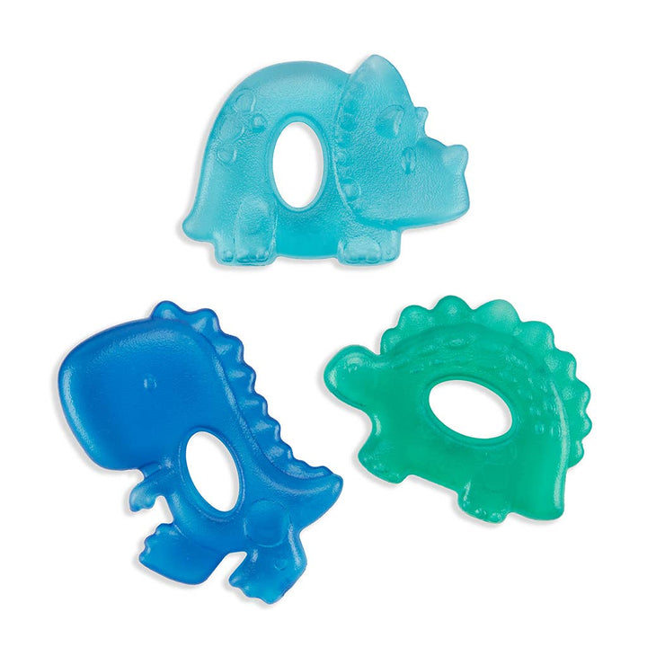 Three dinosaur-shaped teethers in blue, green, and teal on a white background