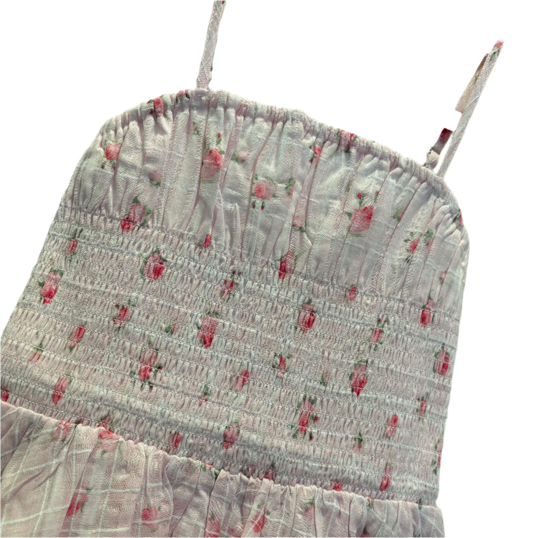close up of rosebud print on this spaghetti strap dress 