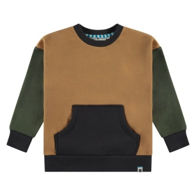 boys sweatshirt with front pocket and colorblocking. color of the chest is a camel color with hunter green sleeves and pops of navy