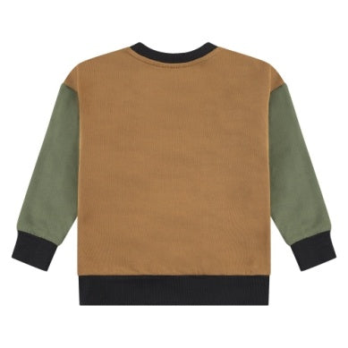 boys sweatshirt with front pocket and colorblocking. color of the chest is a camel color with hunter green sleeves and pops of navy