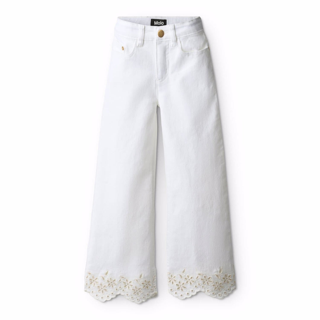 White jeans with lace trim on a white background