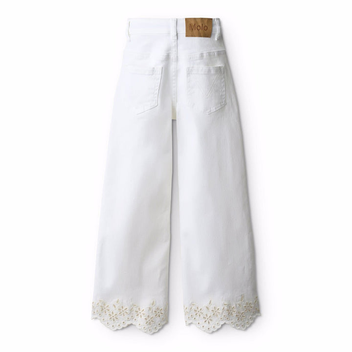 White pants with lace trim on a white background