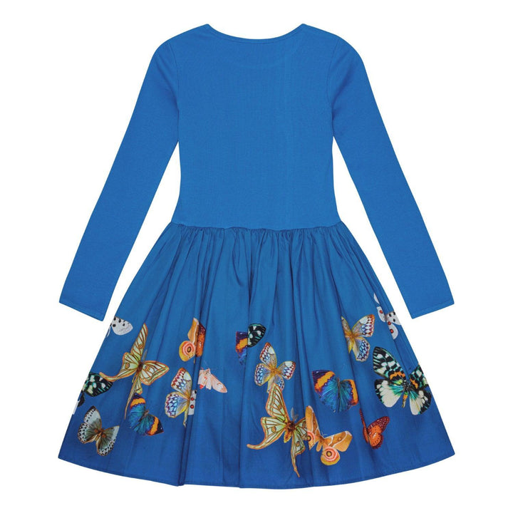 The back of a  Blue Crew Neck Long Sleeve A-Line Dress. The Skirt has a butterfly print