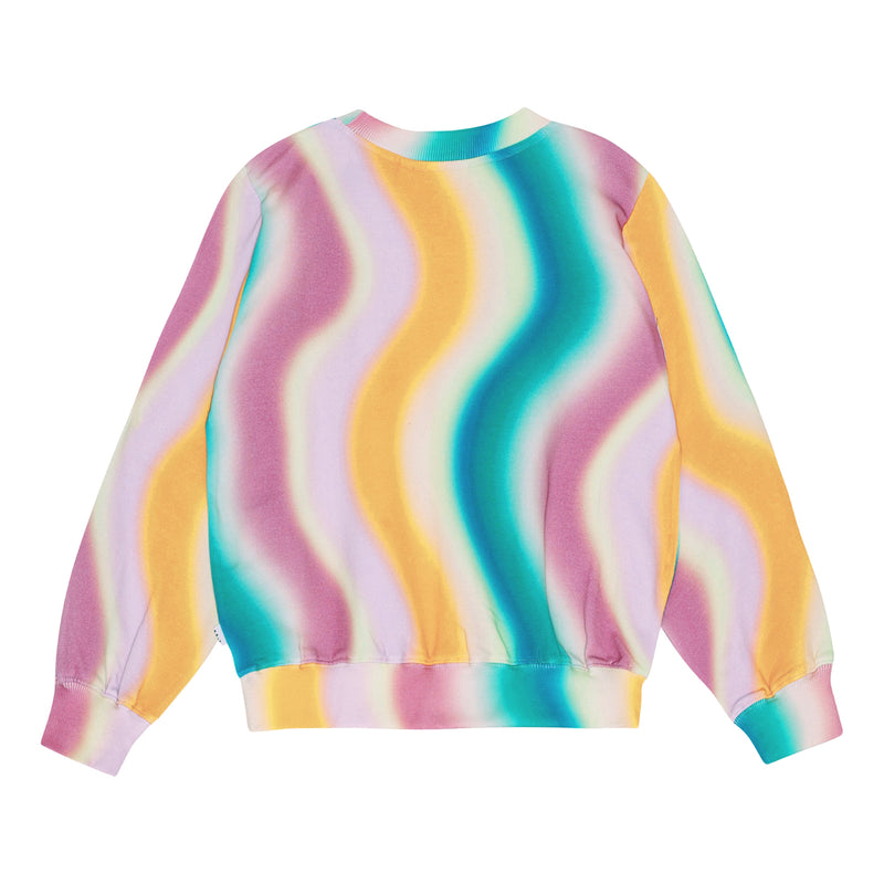 Marge Sweatshirt from Molo in a multi colored wave pattern. Colors are teal, dark pink, light pink and orange waves.