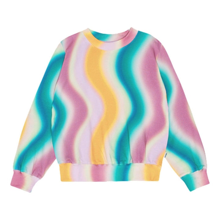 Marge Sweatshirt from Molo in a multi colored wave pattern.  Colors are teal, dark pink, light pink and orange waves.