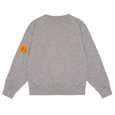 Grey Melange Sweatshirt with Ying and Yang Glitter Patches Embroidered. An orange glittery  patch on the back of one of the sleeves