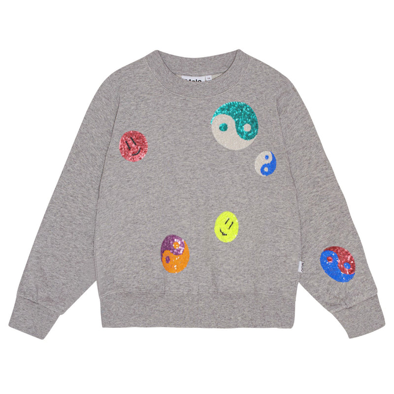 Grey Melange Sweatshirt with Ying and Yang Glitter Patches Embroidered