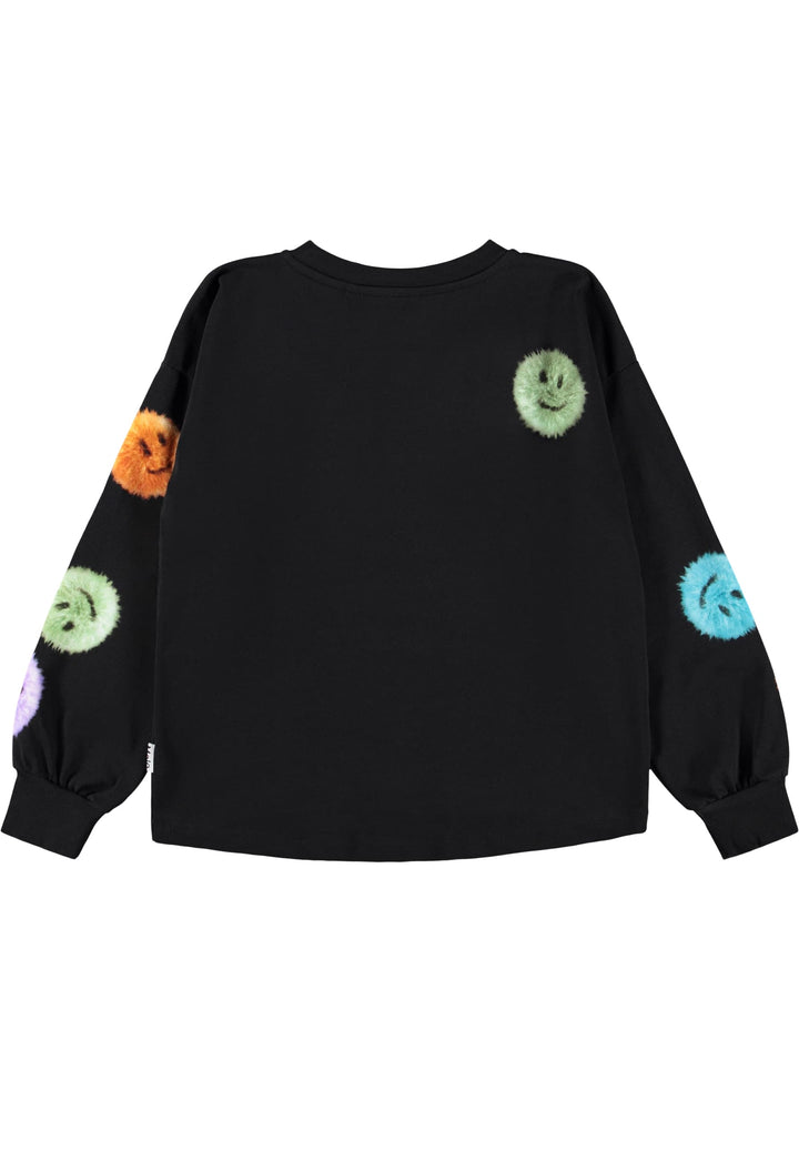 A black long-sleeve shirt with colorful fuzzy smiley face patches sewn onto the sleeves and chest, displayed against a plain white background.
