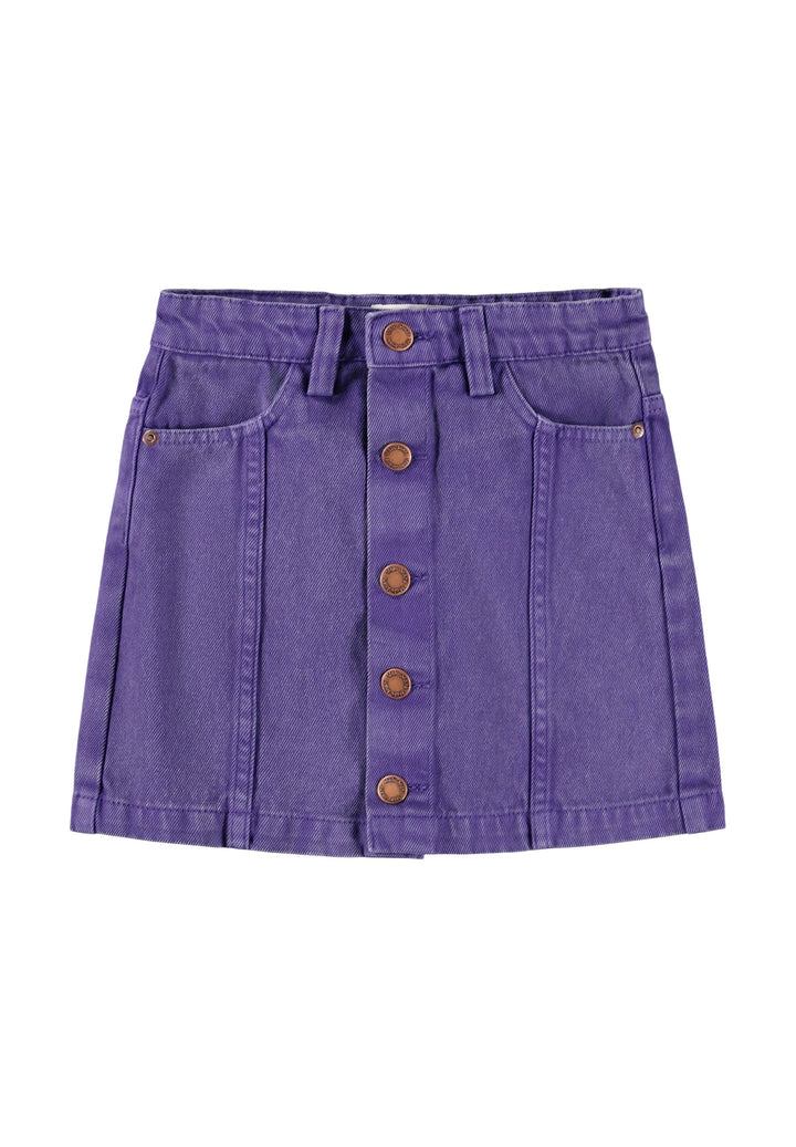 Purple denim skirt with button details on a white background
