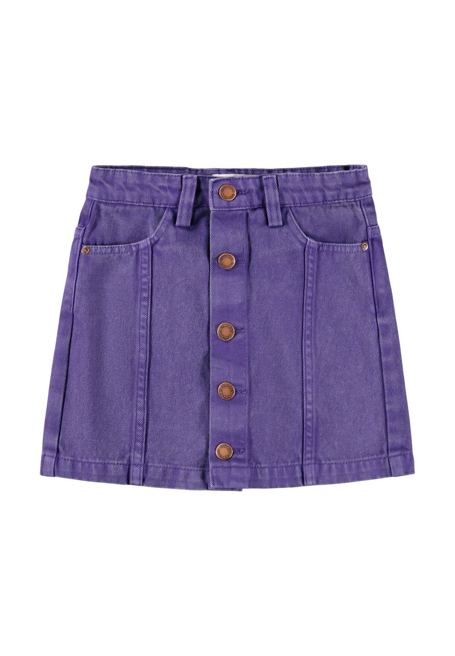 Purple denim skirt with button details on a white background