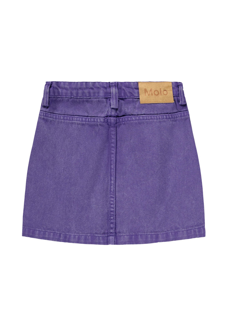 Purple denim skirt with a brand label on a white background