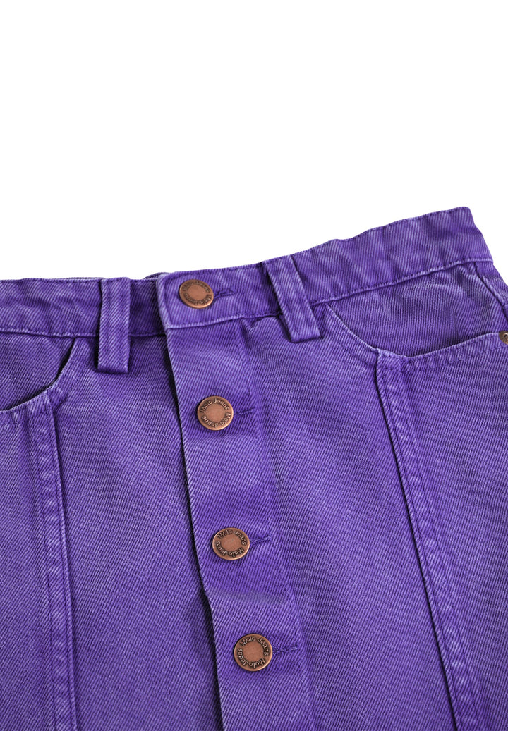 Close-up of purple denim pants with brown buttons on a white background