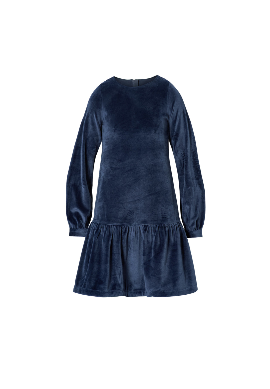 A navy blue velvet long-sleeve dress with a ruffled hem, displayed against a solid white background.