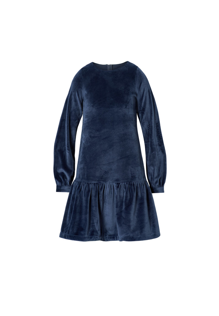 A navy blue velvet long-sleeve dress with a ruffled hem, displayed against a solid white background.
