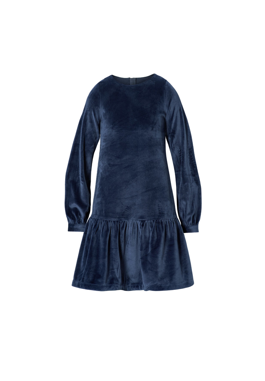 A navy blue velvet long-sleeve dress with a ruffled hem, displayed against a solid white background.