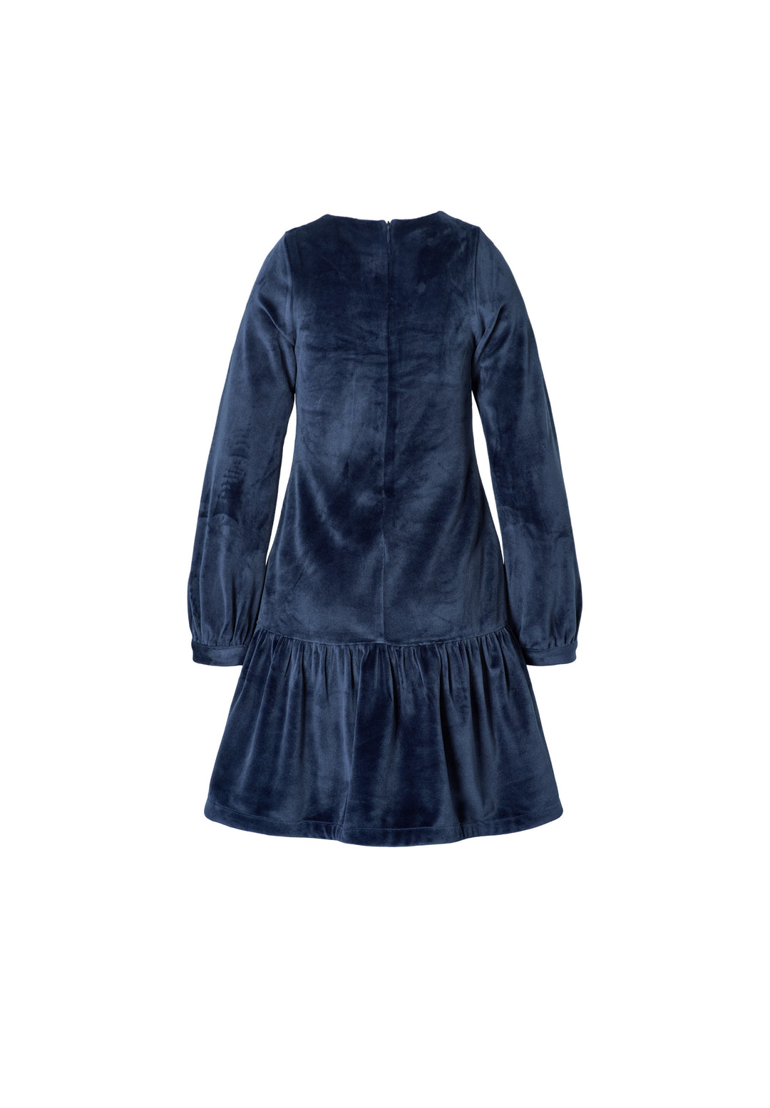 A navy blue velvet long-sleeve dress with a ruffled hem, shown from the back against a plain white background.