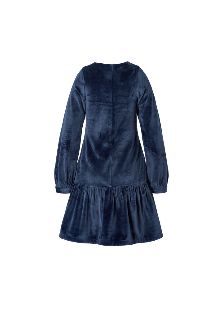 A navy blue velvet long-sleeve dress with a ruffled hem, shown from the back against a plain white background.