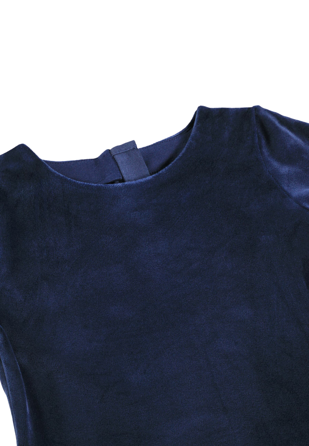 Close-up of a dark navy blue velvet top showing the crew neckline and inner neck label against a plain white background.
