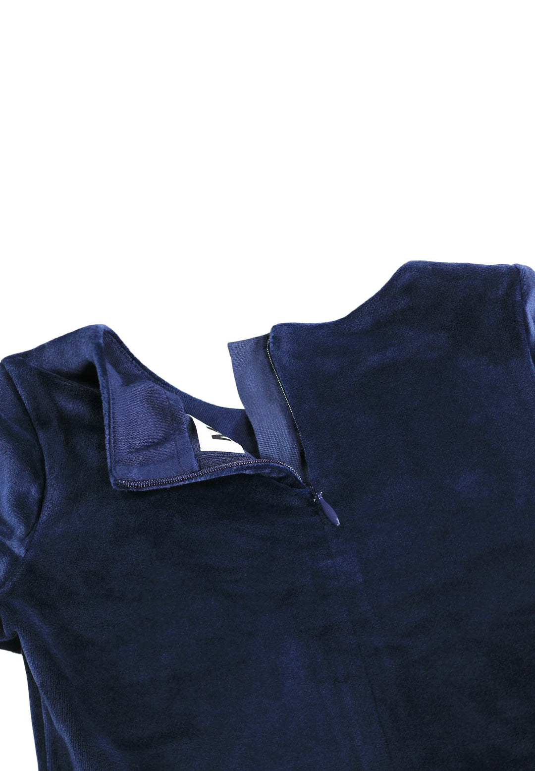 Close-up of a dark navy blue velvet garment, showing the collar and upper chest area against a plain white background.