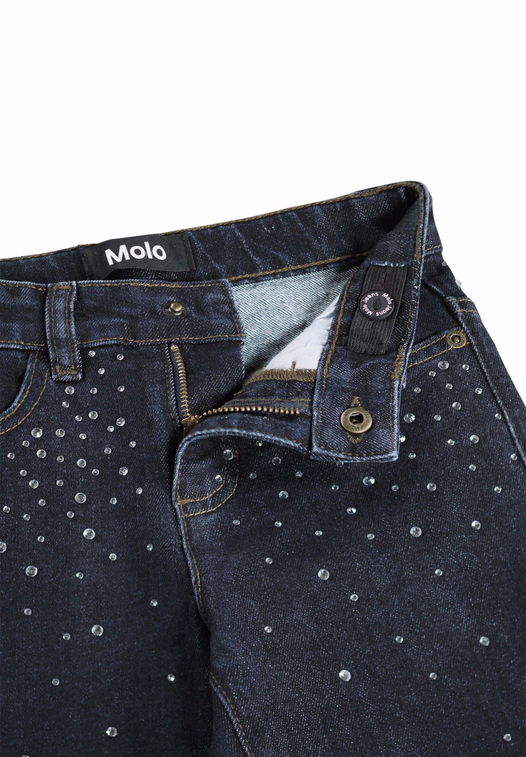 Close-up of dark blue jeans with studded rhinestone details on a white background, featuring the Molo brand.