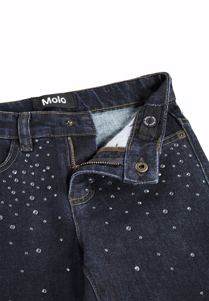 Close-up of dark blue jeans with studded rhinestone details on a white background, featuring the Molo brand.