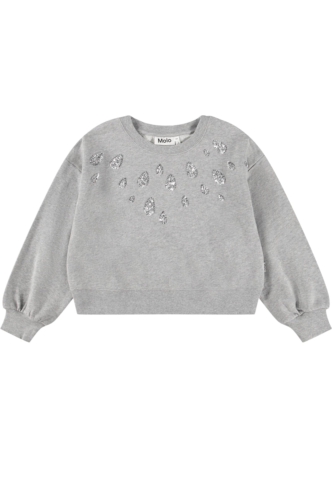 Gray sweatshirt with silver tear drop embellishments on a white background