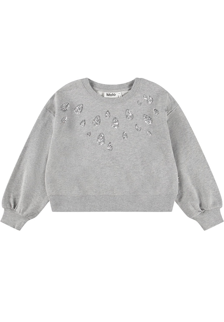 Gray sweatshirt with silver tear drop embellishments on a white background