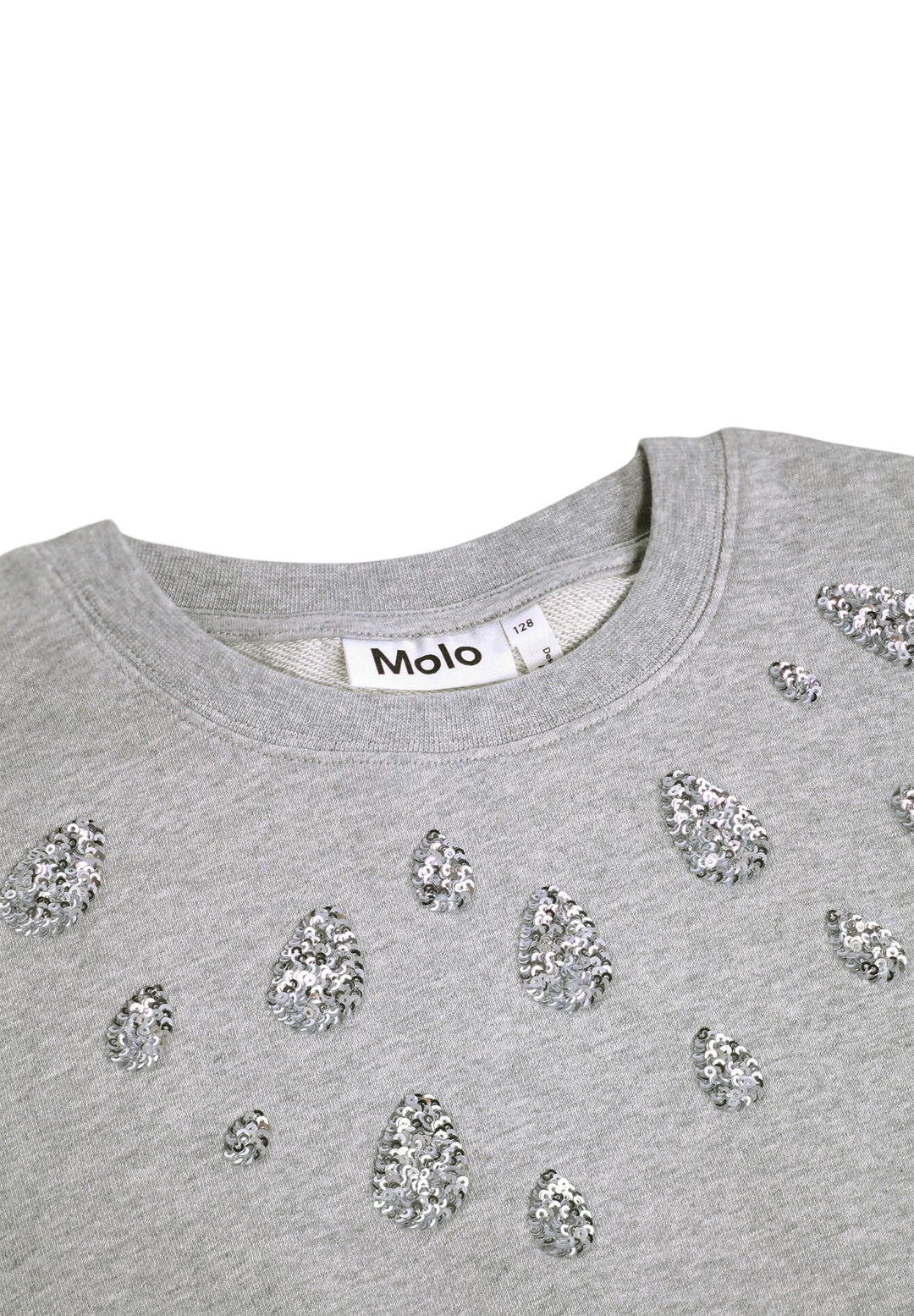 Gray sweatshirt with decorative silver tear drop elements on a white background