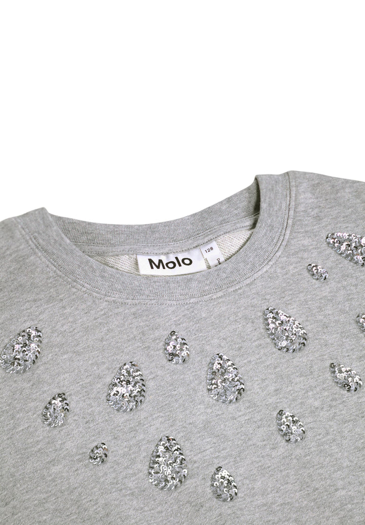 Gray sweatshirt with decorative silver tear drop elements on a white background