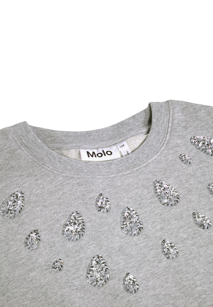 Gray sweatshirt with decorative silver tear drop elements on a white background
