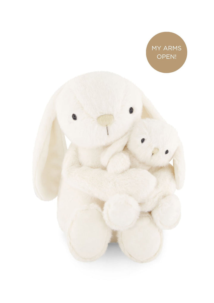 Two cream-colored bunny plush toys on a white background with a label reading 'My Arms Open'.