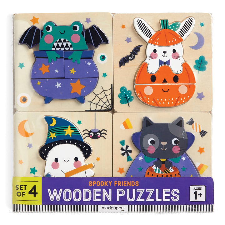 Set of 4 spooky-themed wooden puzzles for children, featuring a bat, rabbit, ghost, and cat on a beige background.