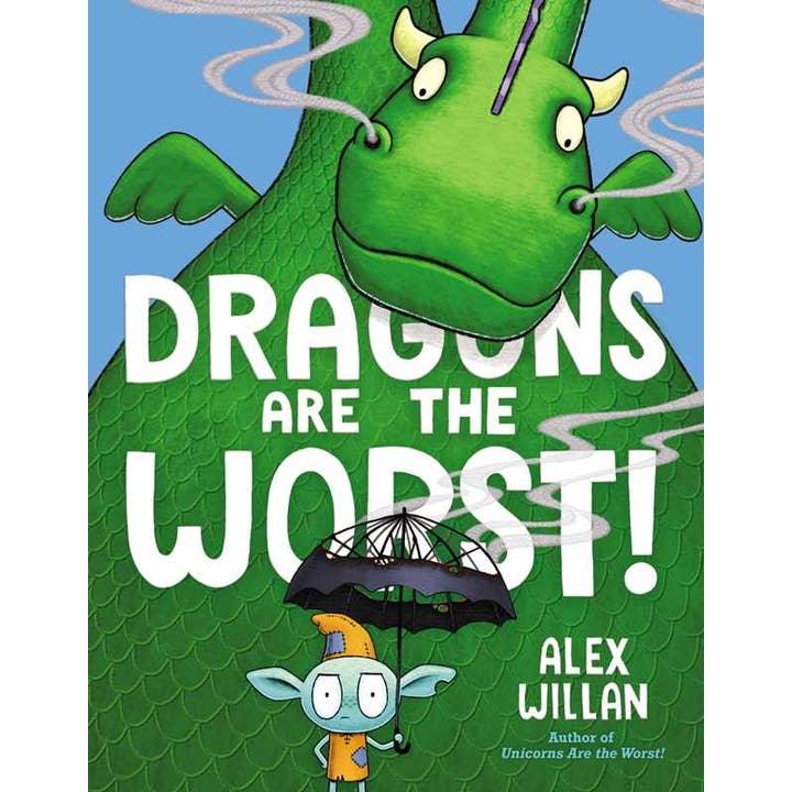 hardcover book with a picture of a dragon and goblin. the title of it is 'Dragons are the worst'